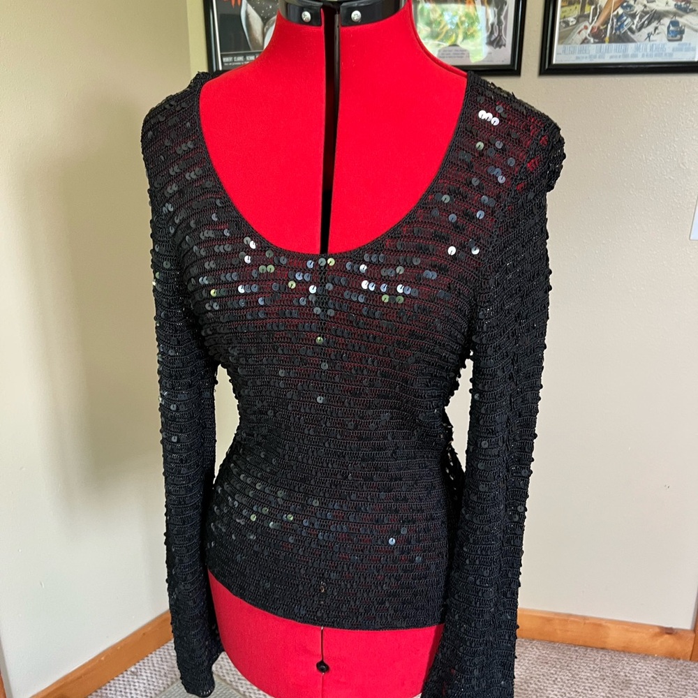 Black Sequin Fitted Long Sleeve Blouse